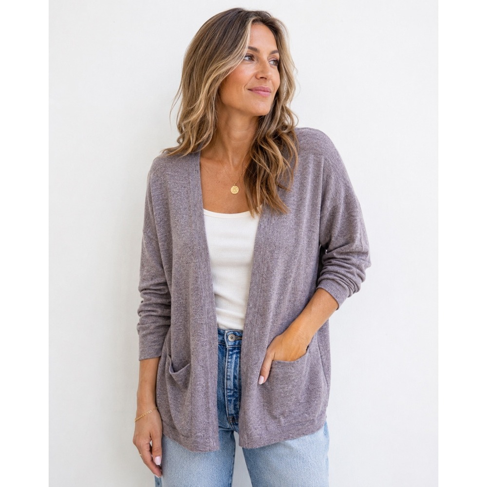 C&C California Merino Wool Alpaca Blend Open Front Cardigan Gray Purple Pocket S